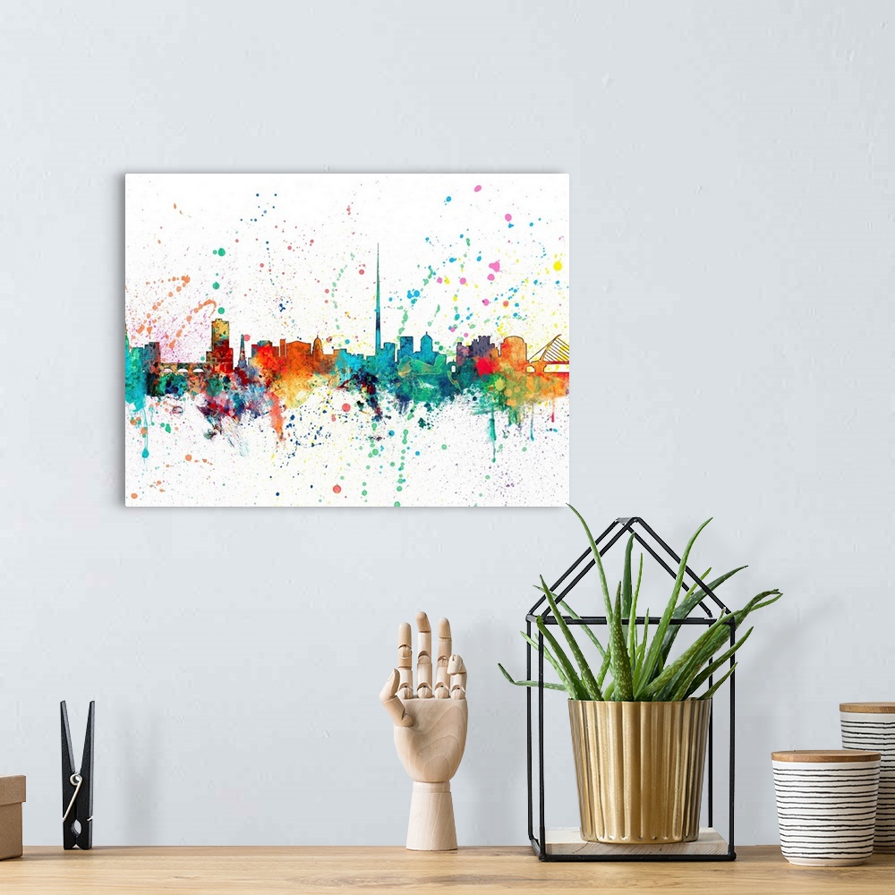 A bohemian room featuring Wild and vibrant paint splatter silhouette of the Dublin skyline.