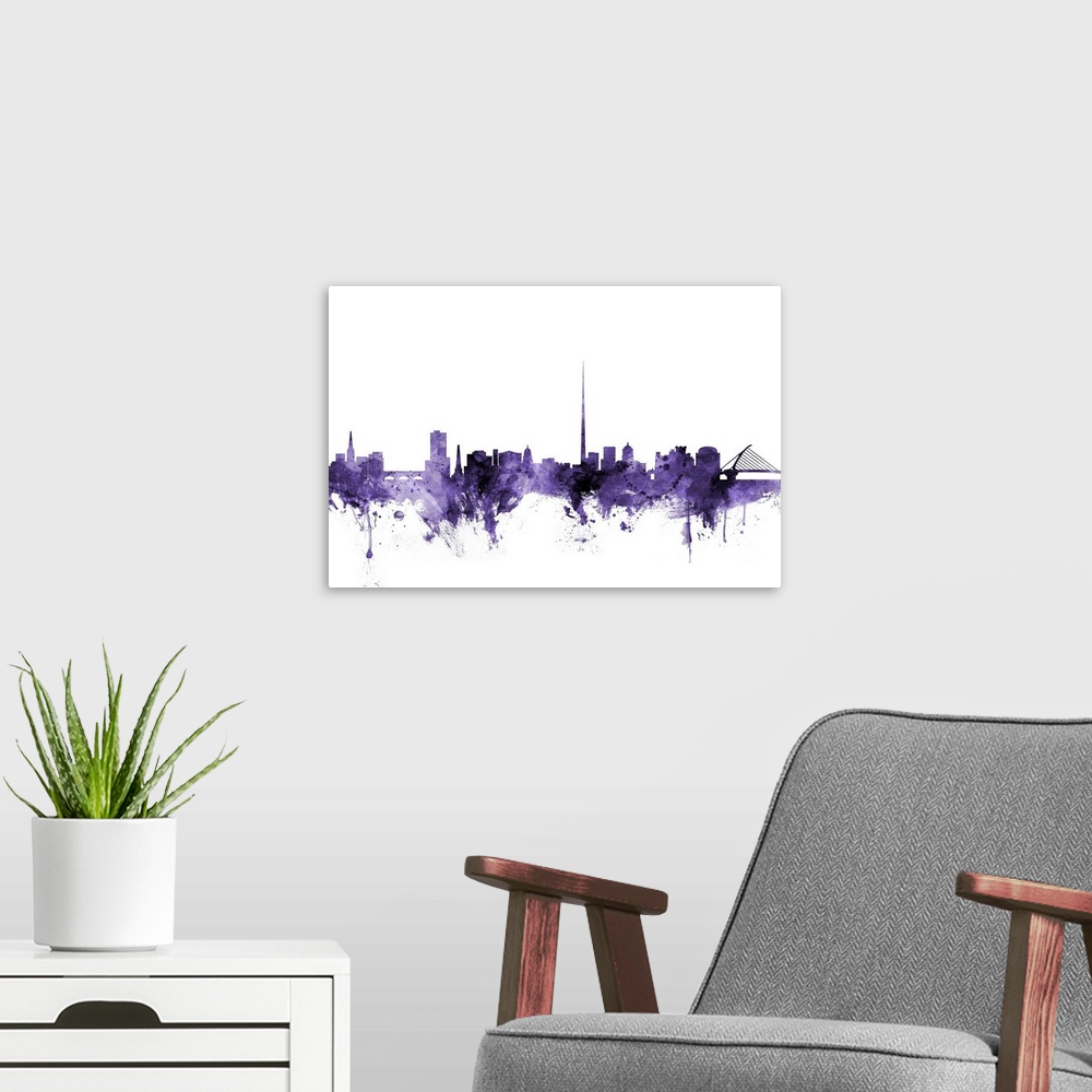 A modern room featuring Watercolor art print of the skyline of Dublin, Ireland