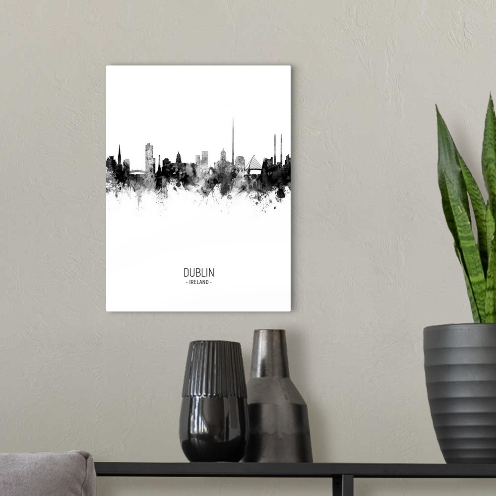 A modern room featuring Watercolor art print of the skyline of Dublin, Ireland