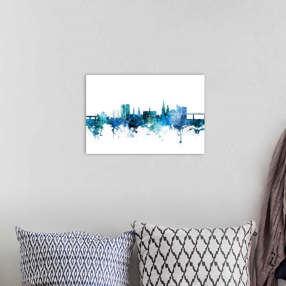 A bohemian room featuring Watercolor art print of the skyline of Dundee, Scotland, United Kingdom.