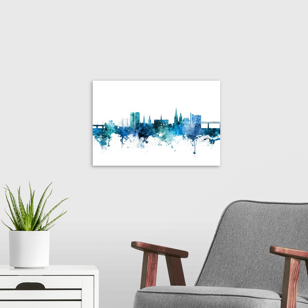 A modern room featuring Watercolor art print of the skyline of Dundee, Scotland, United Kingdom.