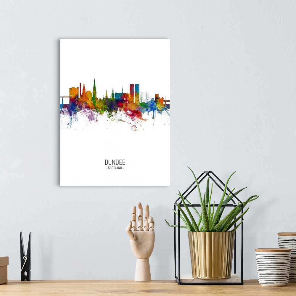 A bohemian room featuring Watercolor art print of the skyline of Dundee, Scotland, United Kingdom
