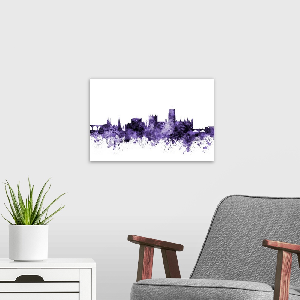 A modern room featuring Watercolor art print of the skyline of Durham, England
