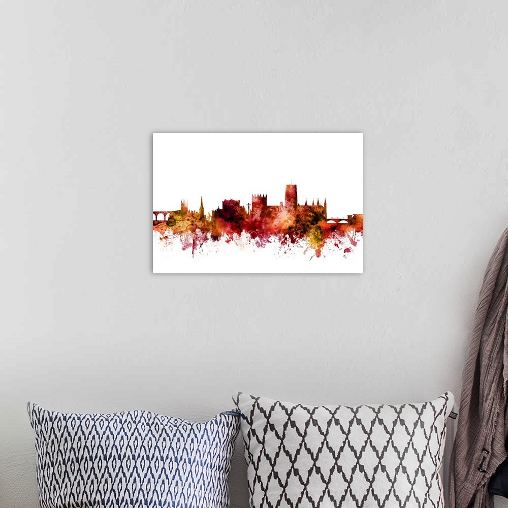 A bohemian room featuring Watercolor art print of the skyline of Durham, England.