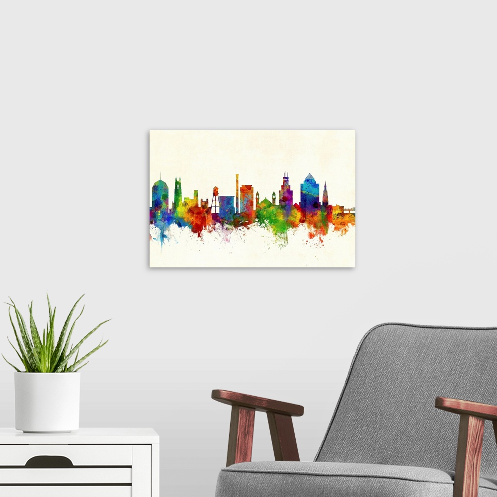 A modern room featuring Watercolor art print of the skyline of Durham, North Carolina, United States