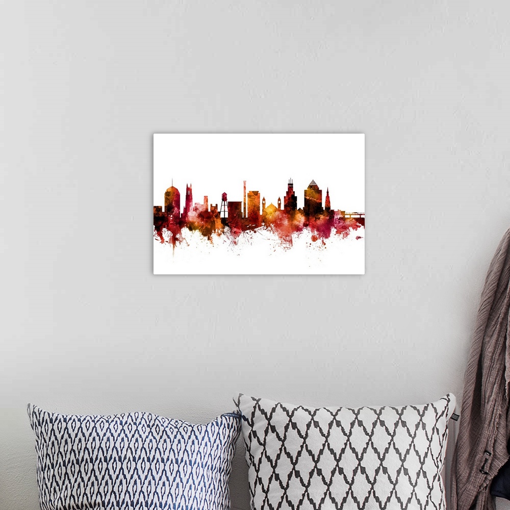 A bohemian room featuring Watercolor art print of the skyline of Durham, North Carolina, United States.