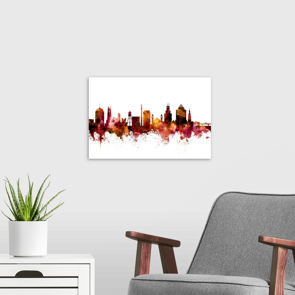 A modern room featuring Watercolor art print of the skyline of Durham, North Carolina, United States.