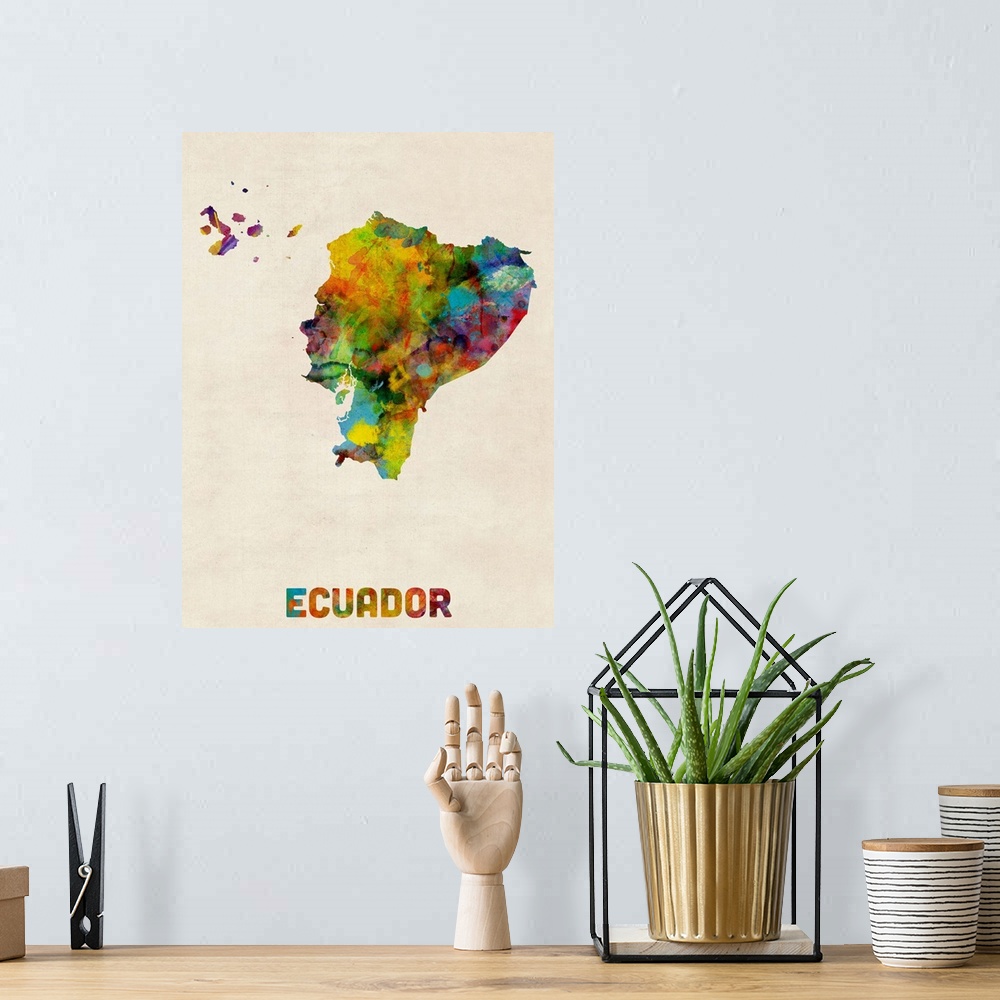 A bohemian room featuring Watercolor art map of the country Ecuador against a weathered beige background.