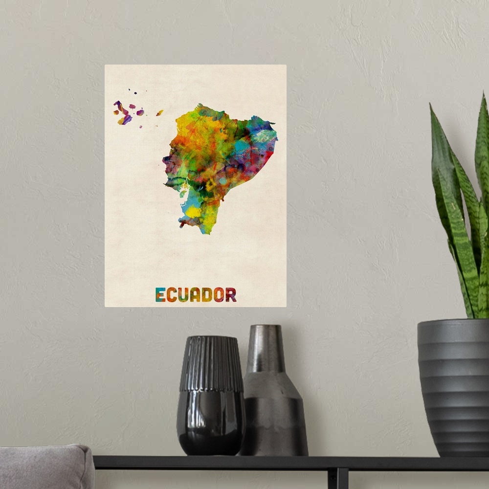 A modern room featuring Watercolor art map of the country Ecuador against a weathered beige background.