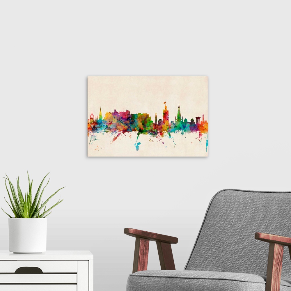 A modern room featuring Contemporary piece of artwork of the Edinburgh, Scotland skyline made of colorful paint splashes.