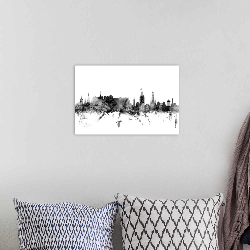A bohemian room featuring Contemporary artwork of the Edinburgh city skyline in black watercolor paint splashes.