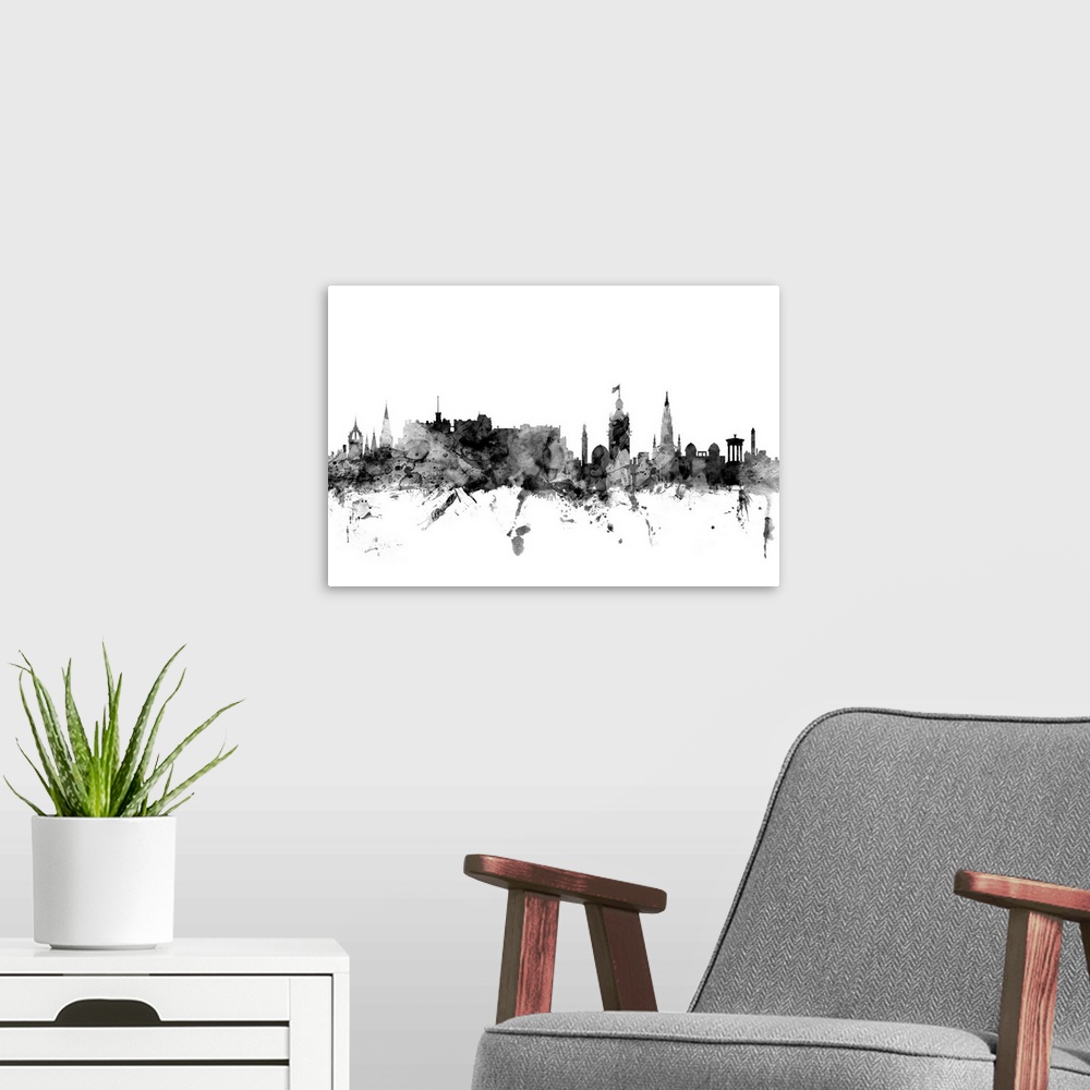 A modern room featuring Contemporary artwork of the Edinburgh city skyline in black watercolor paint splashes.