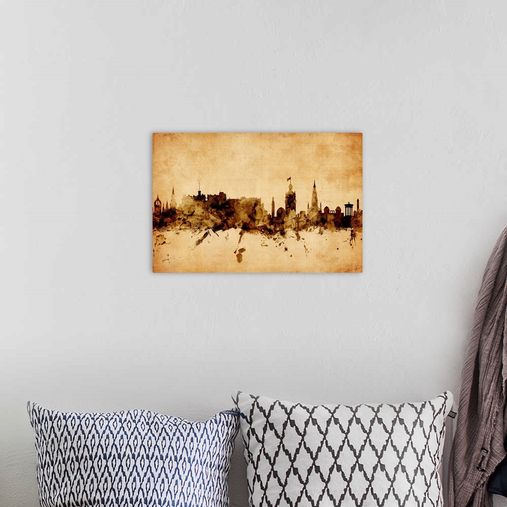 A bohemian room featuring Contemporary artwork of the Edinburgh city skyline in a vintage distressed look.
