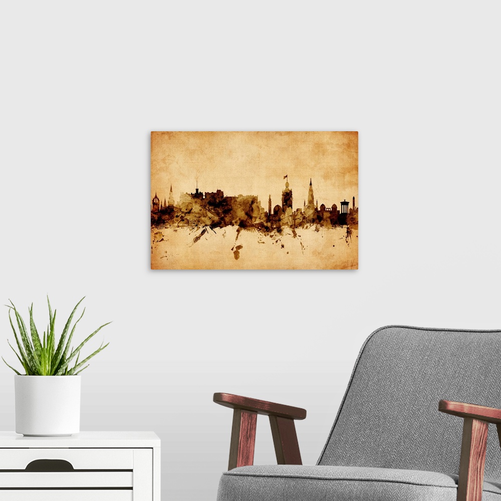A modern room featuring Contemporary artwork of the Edinburgh city skyline in a vintage distressed look.