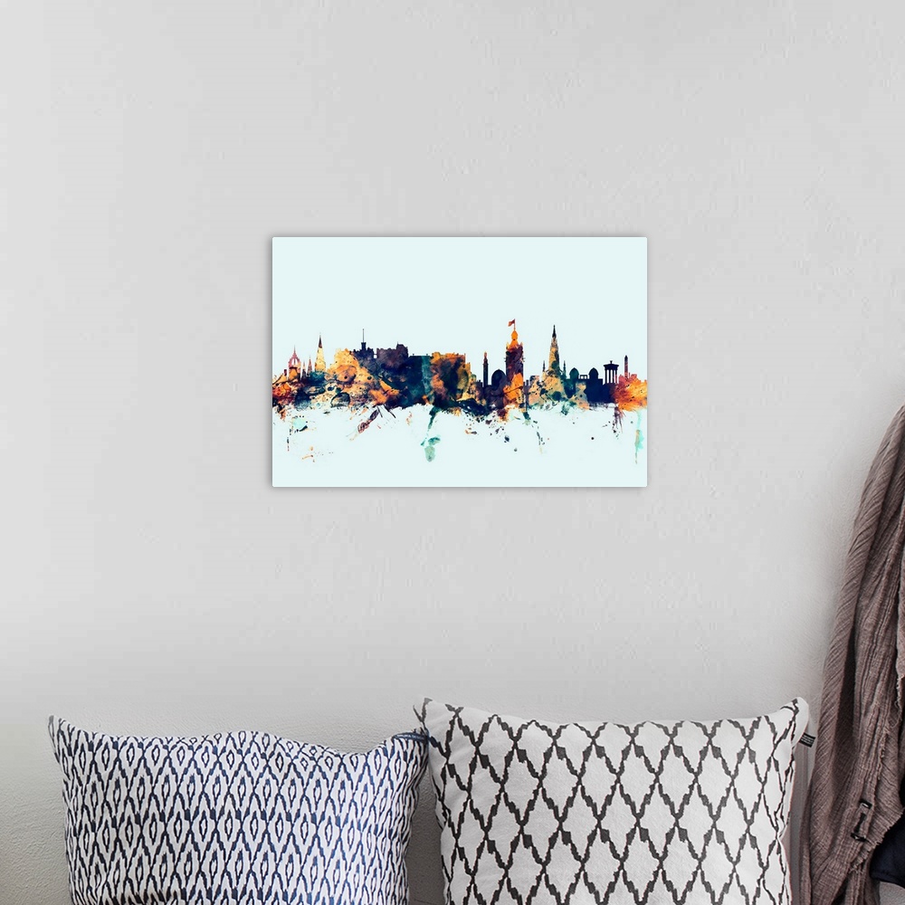 A bohemian room featuring Dark watercolor silhouette of the Edinburgh city skyline against a light blue background.
