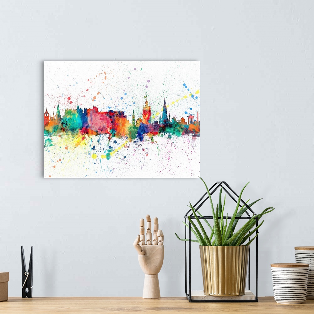 A bohemian room featuring Wild and vibrant paint splatter silhouette of the Edinburgh skyline.