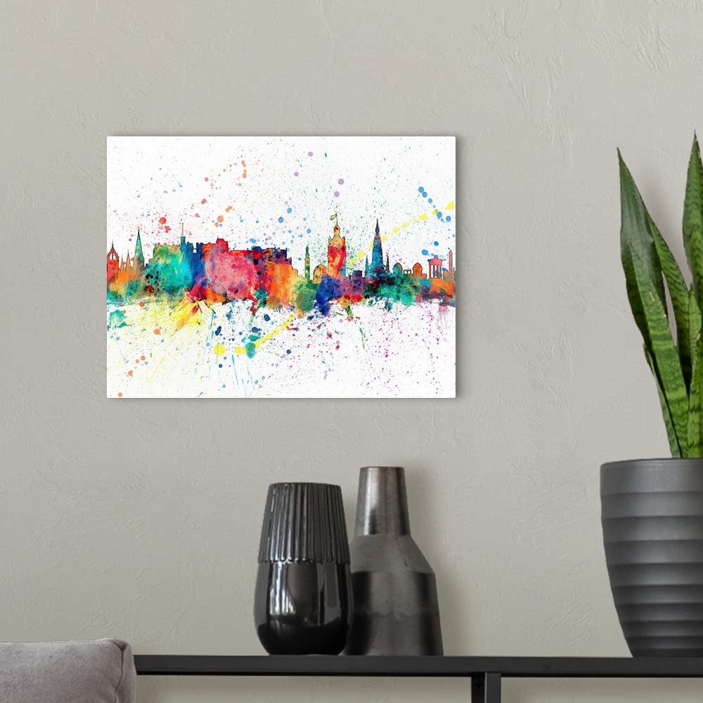 A modern room featuring Wild and vibrant paint splatter silhouette of the Edinburgh skyline.
