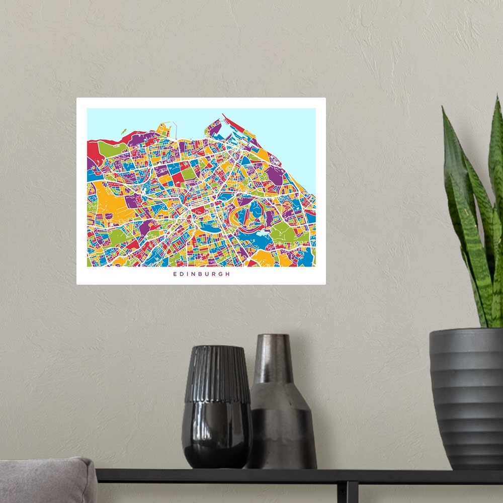 A modern room featuring Watercolor art map of Edinburgh city streets.