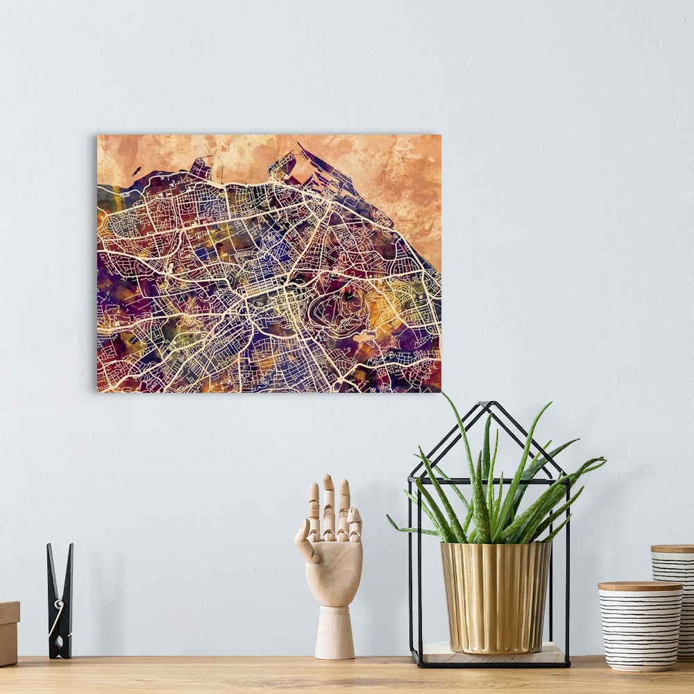 A bohemian room featuring Contemporary watercolor city street map of Edinburgh.
