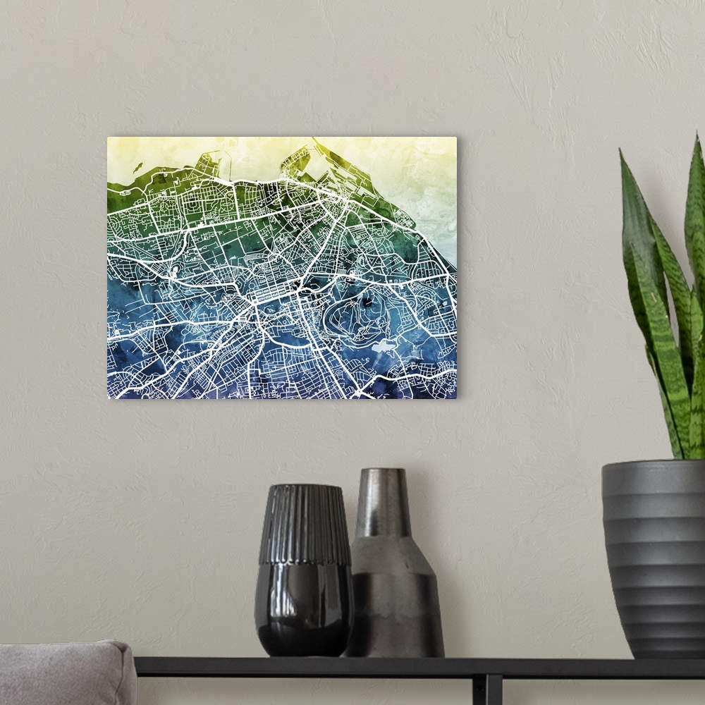 A modern room featuring Contemporary watercolor city street map of Edinburgh.