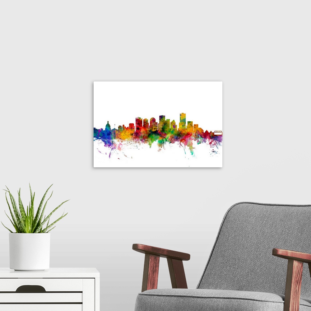 A modern room featuring Watercolor artwork of the Edmonton skyline against a white background.