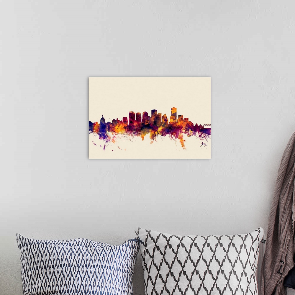 A bohemian room featuring Contemporary artwork of the Edmonton city skyline in watercolor paint splashes.