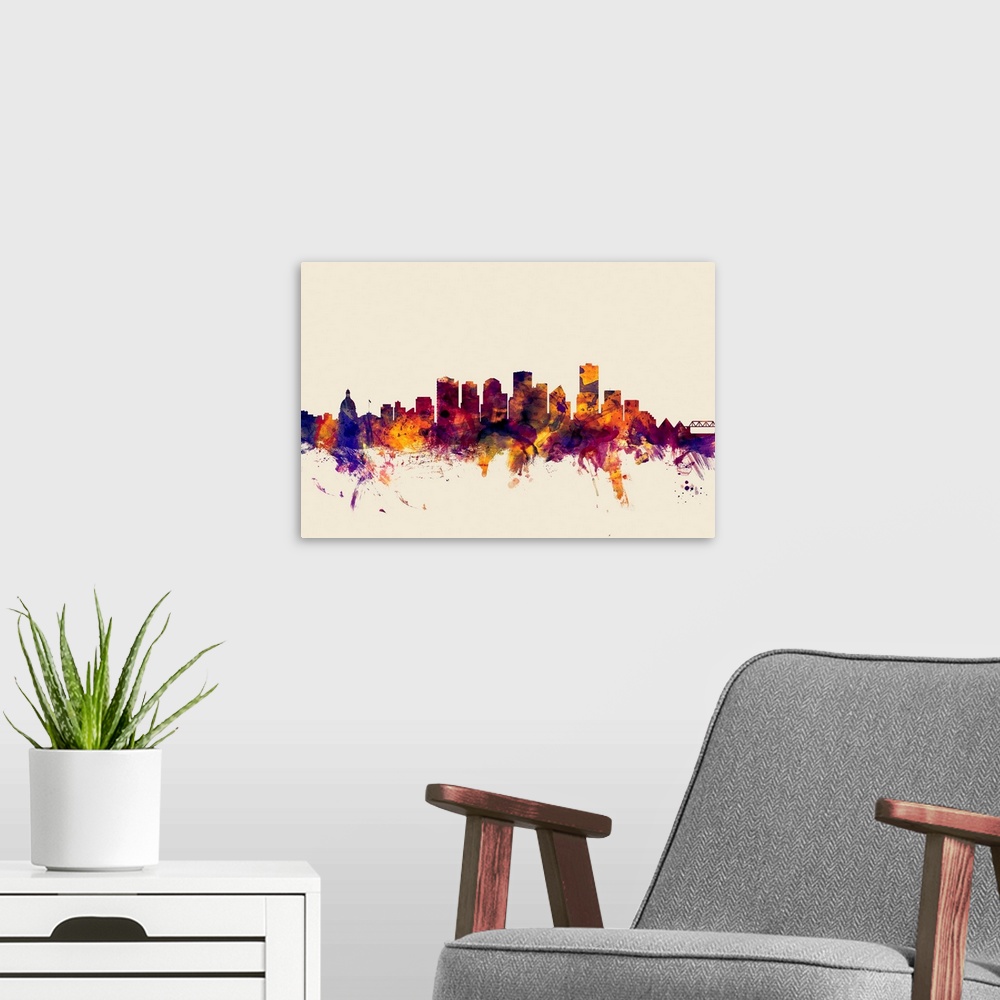 A modern room featuring Contemporary artwork of the Edmonton city skyline in watercolor paint splashes.