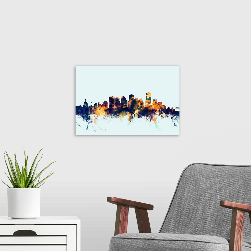 A modern room featuring Dark watercolor silhouette of the Edmonton city skyline against a light blue background.