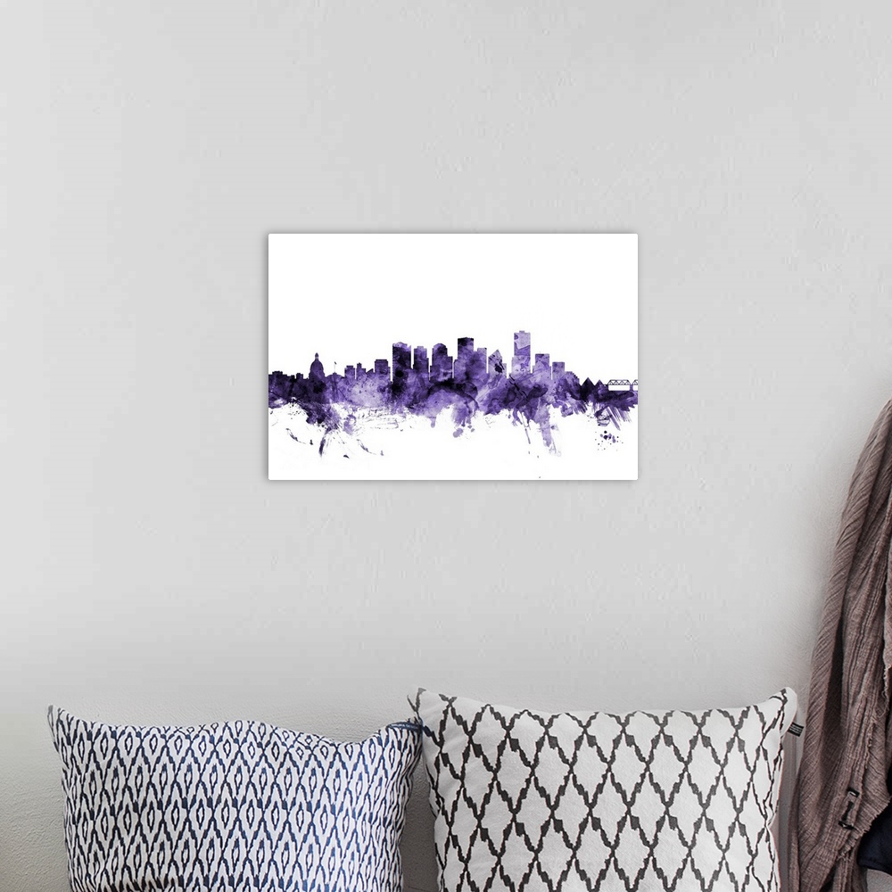 A bohemian room featuring Watercolor art print of the skyline of Edmonton, Canada