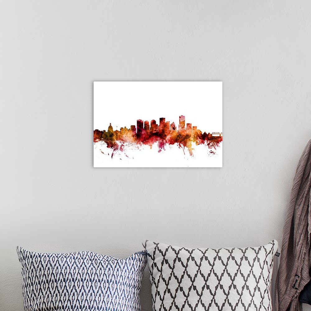 A bohemian room featuring Watercolor art print of the skyline of Edmonton, Canada.