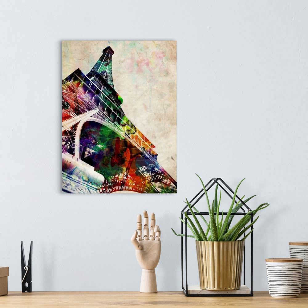 A bohemian room featuring Contemporary artwork of iconic monument's outline filled overlapping colors bleeding together.