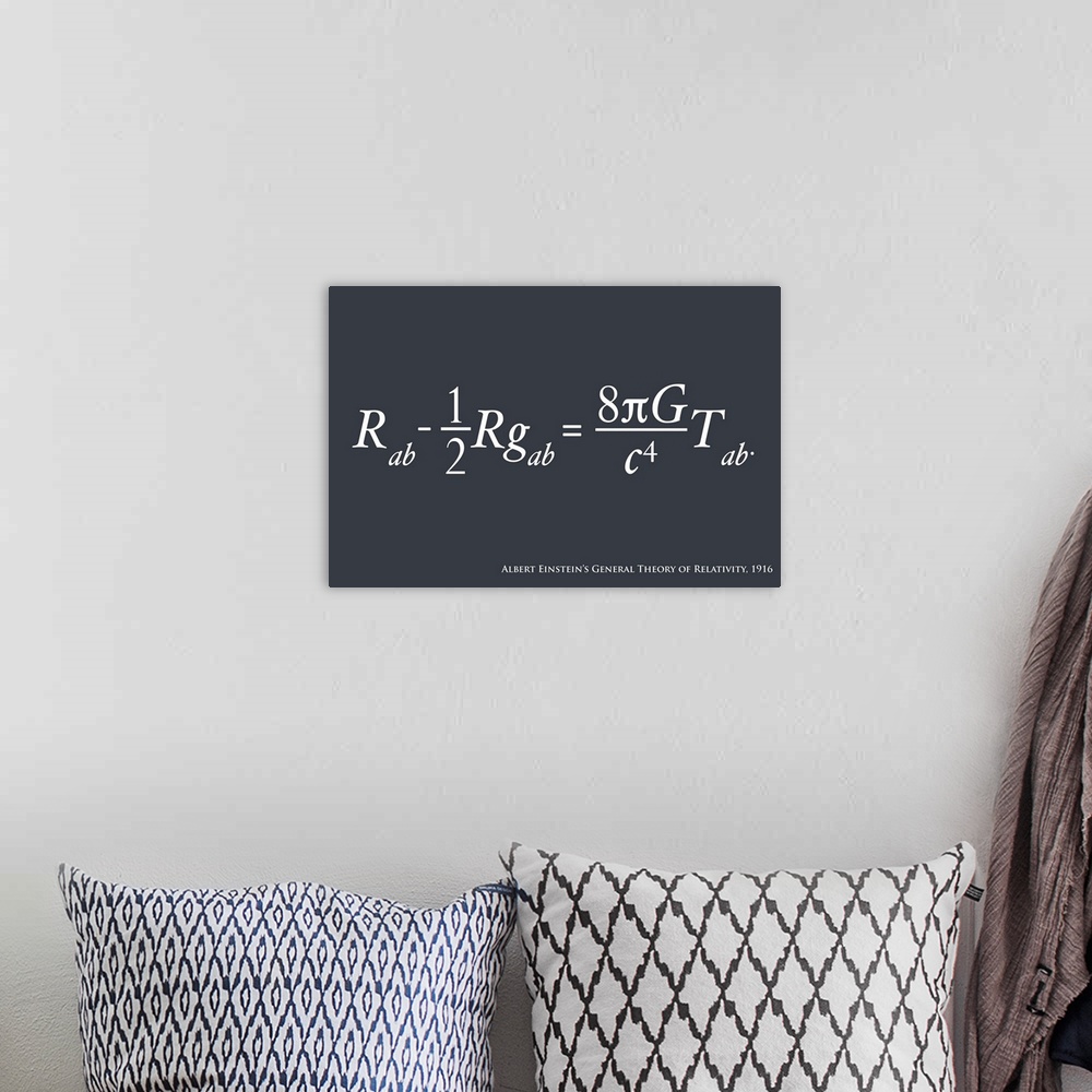 A bohemian room featuring Albert Einstein's equation for the General Theory of Relativity, on a slate grey background. Gene...