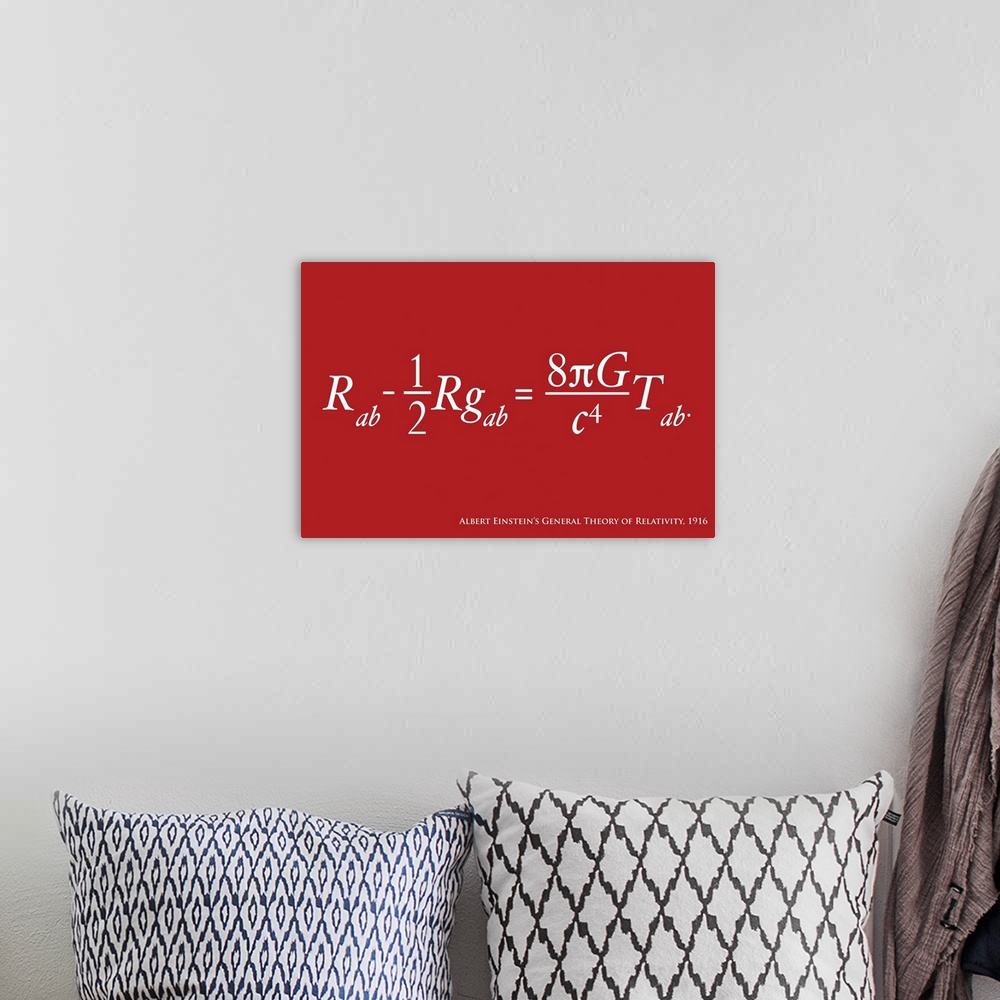 A bohemian room featuring Albert Einstein's equation for the General Theory of Relativity, on a red background. General rel...