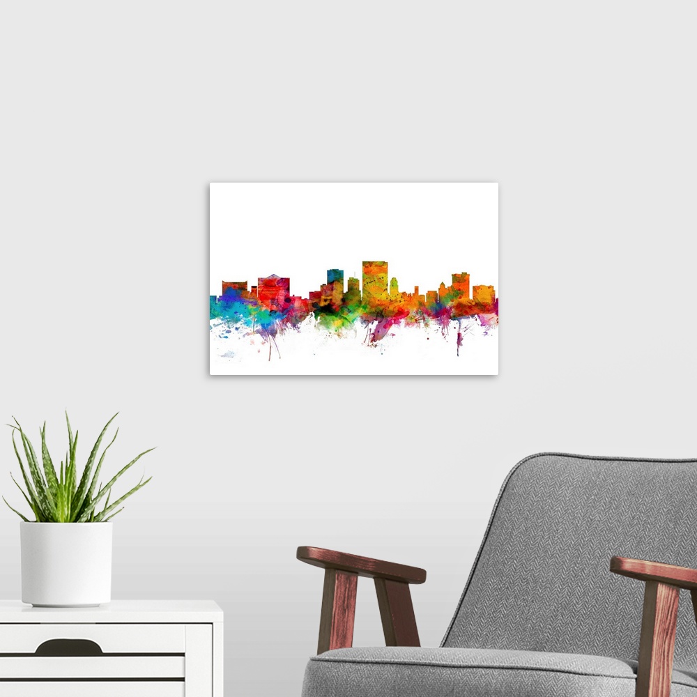 A modern room featuring Watercolor artwork of the El Paso skyline against a white background.