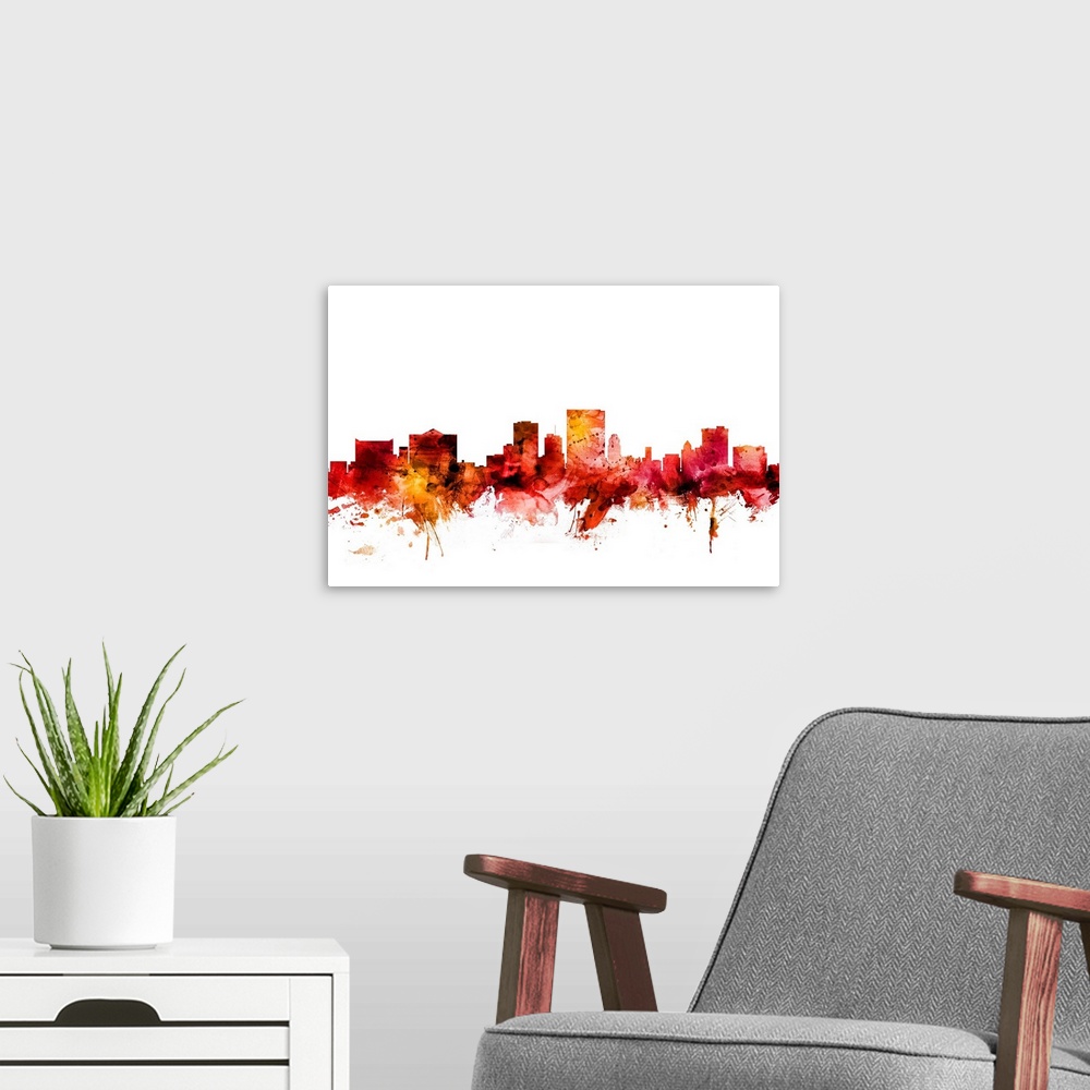 A modern room featuring Watercolor art print of the skyline of El Paso, Texas, United States.