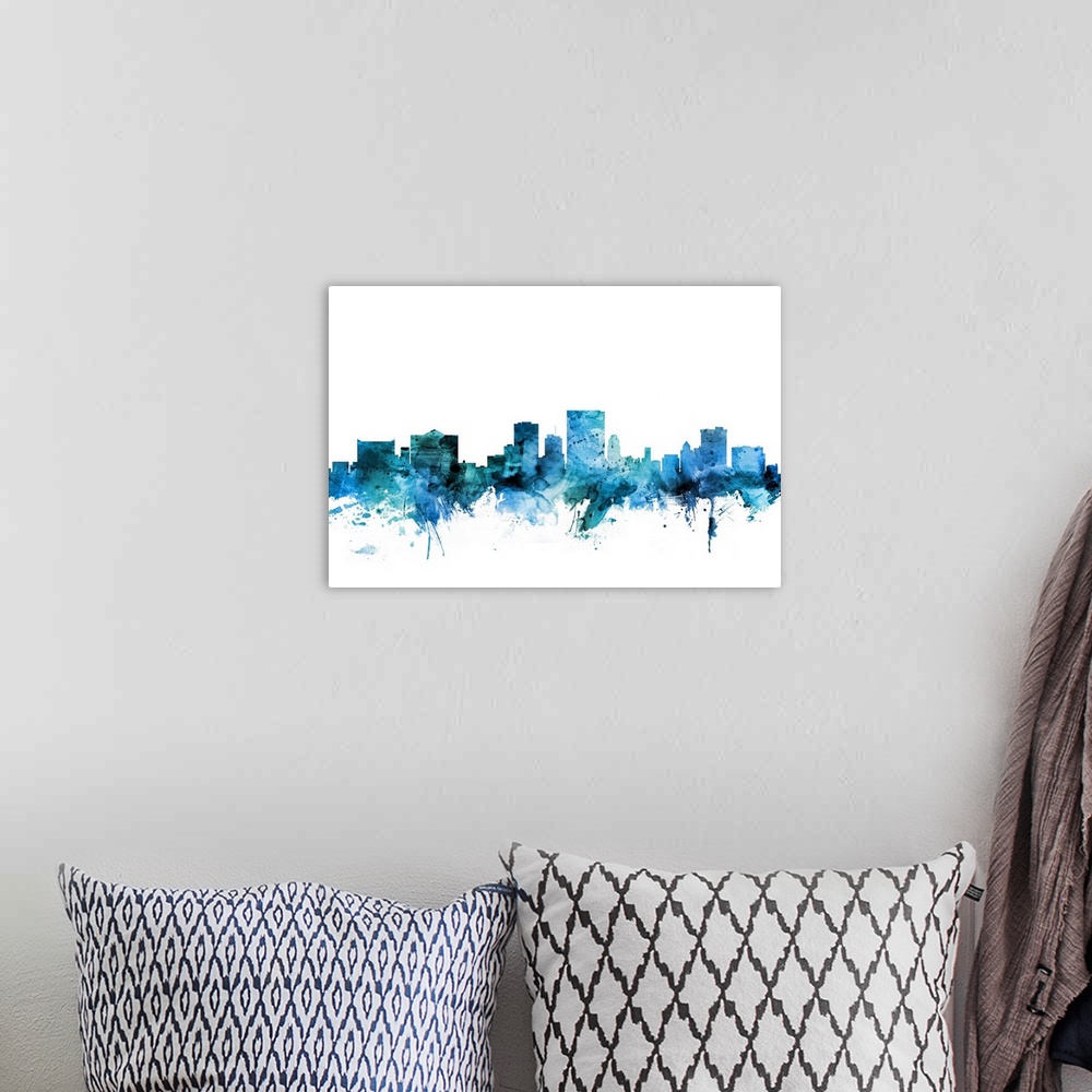 A bohemian room featuring Watercolor art print of the skyline of El Paso, Texas, United States.