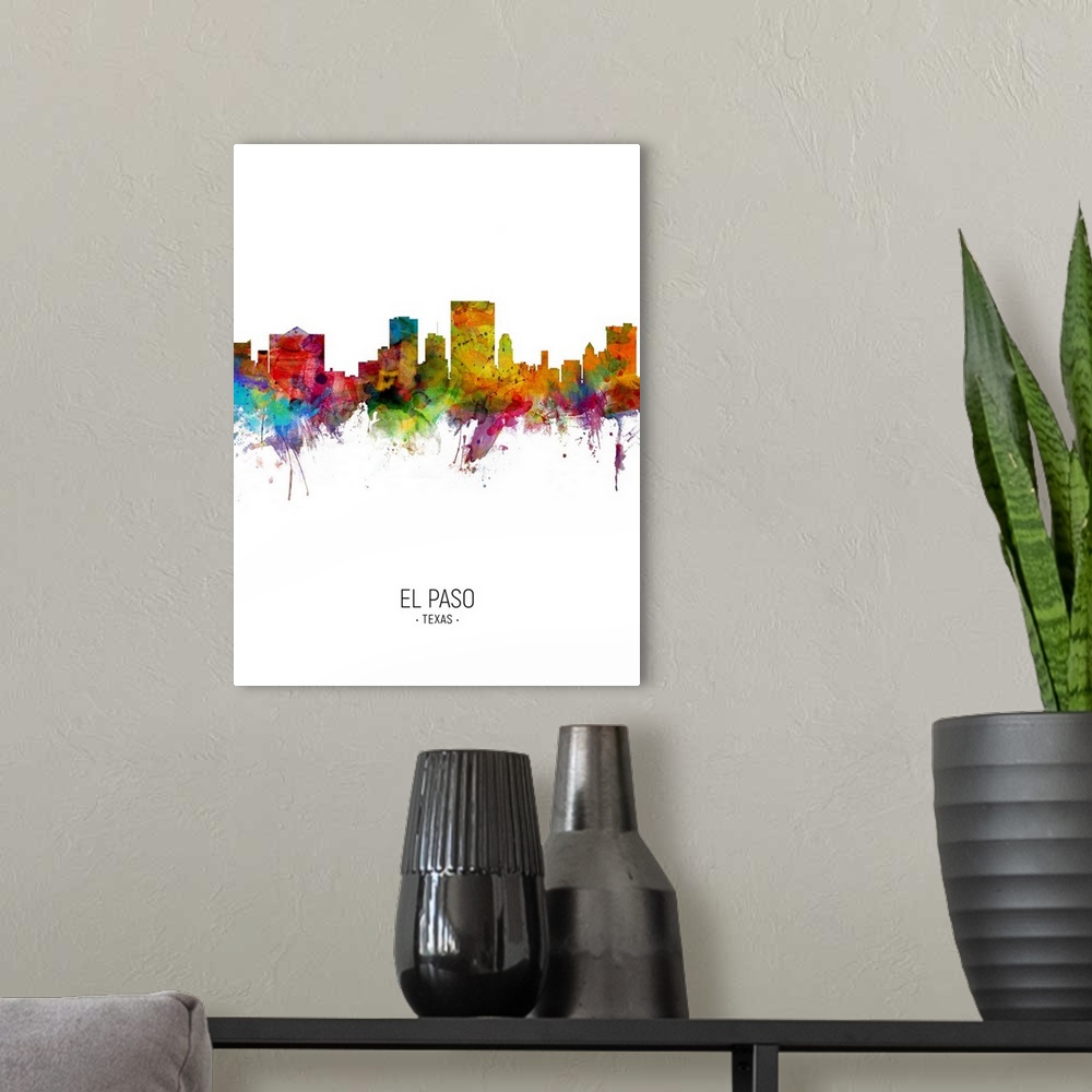 A modern room featuring Watercolor art print of the skyline of El Paso, Texas, United States