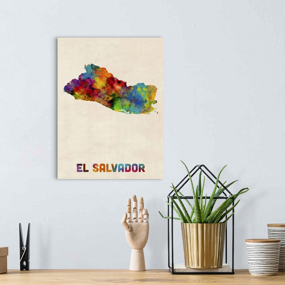 A bohemian room featuring Contemporary watercolor map of the country El Salvador.