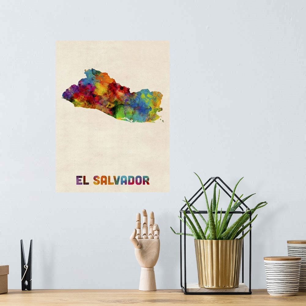 A bohemian room featuring Contemporary watercolor map of the country El Salvador.