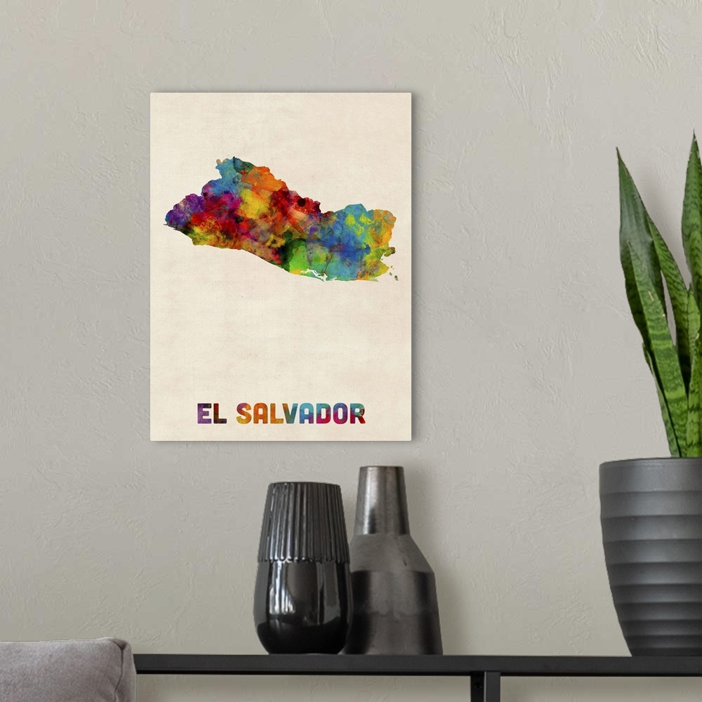 A modern room featuring Contemporary watercolor map of the country El Salvador.