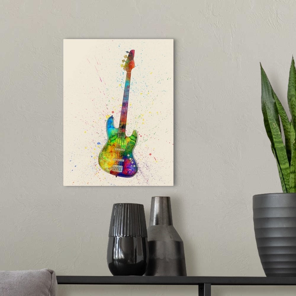 A modern room featuring Contemporary artwork of an electric bass guitar with bright colorful watercolor paint splatter al...