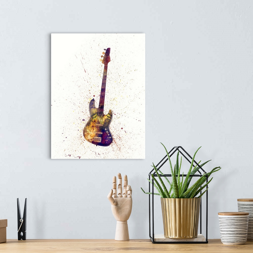 A bohemian room featuring Contemporary artwork of an electric bass guitar with bright colorful watercolor paint splatter al...