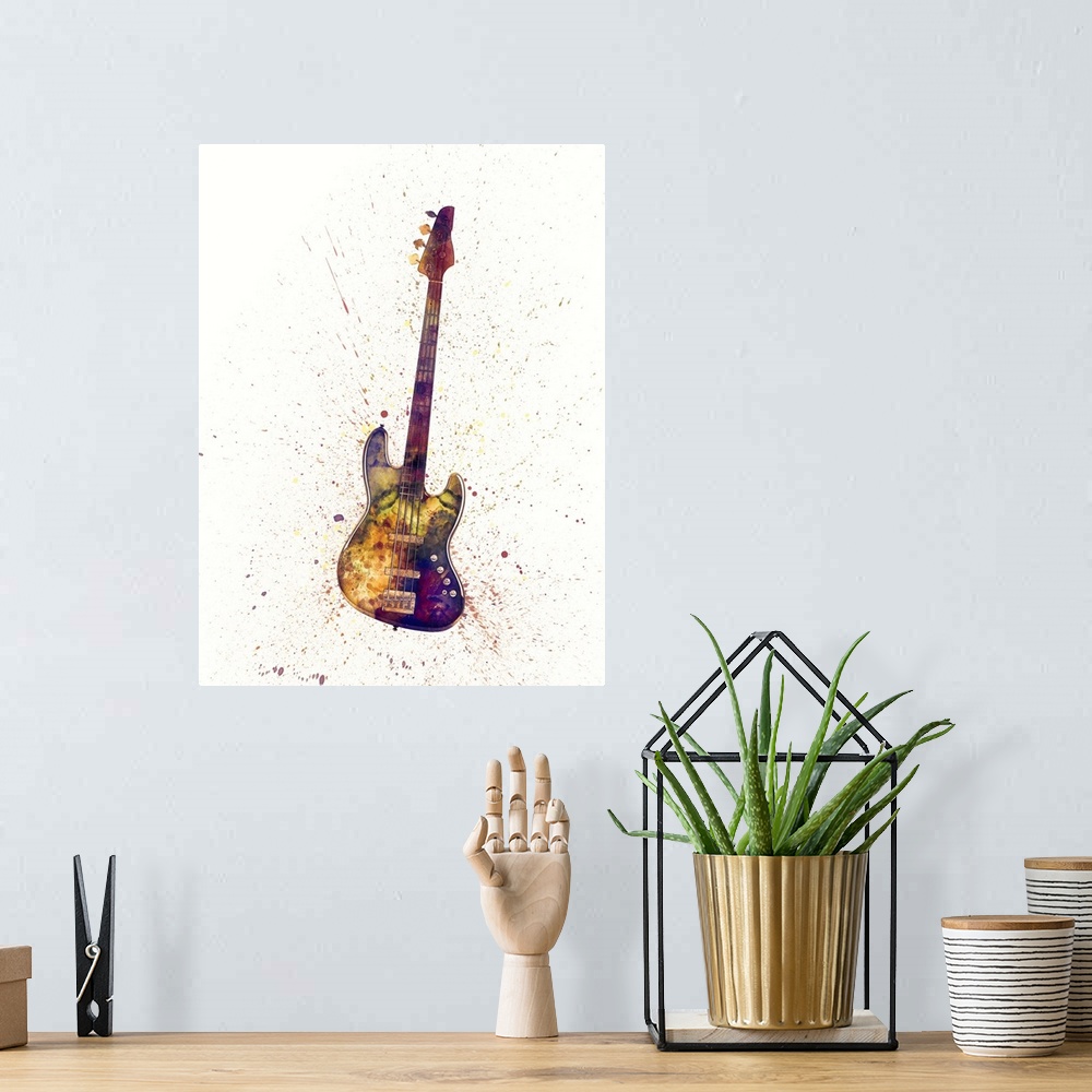 A bohemian room featuring Contemporary artwork of an electric bass guitar with bright colorful watercolor paint splatter al...