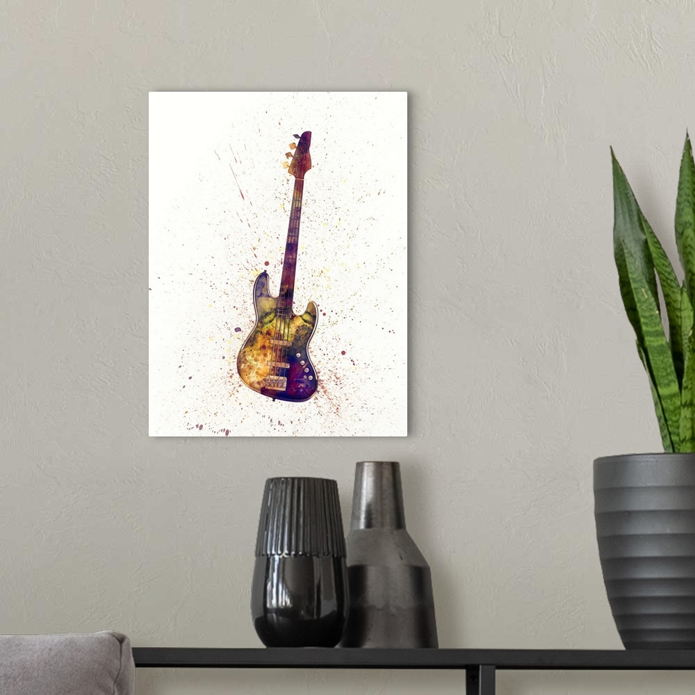 A modern room featuring Contemporary artwork of an electric bass guitar with bright colorful watercolor paint splatter al...