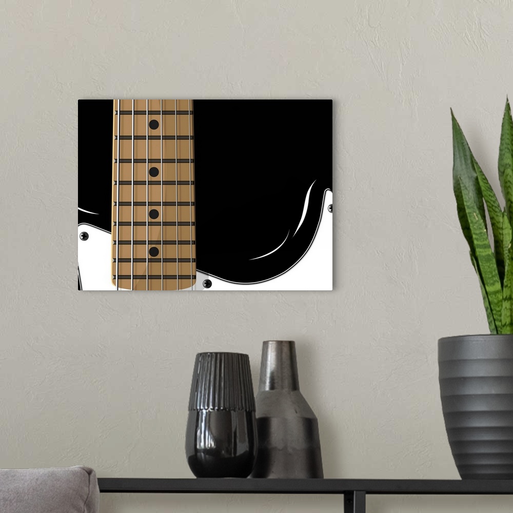 A modern room featuring This vector drawing wall art is a close up of a guitaros body and neck.