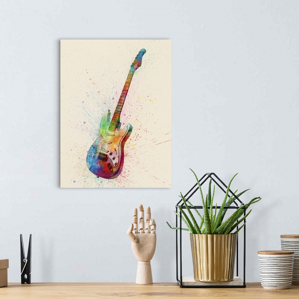 A bohemian room featuring Contemporary artwork of an electric guitar with bright colorful watercolor paint splatter all ove...