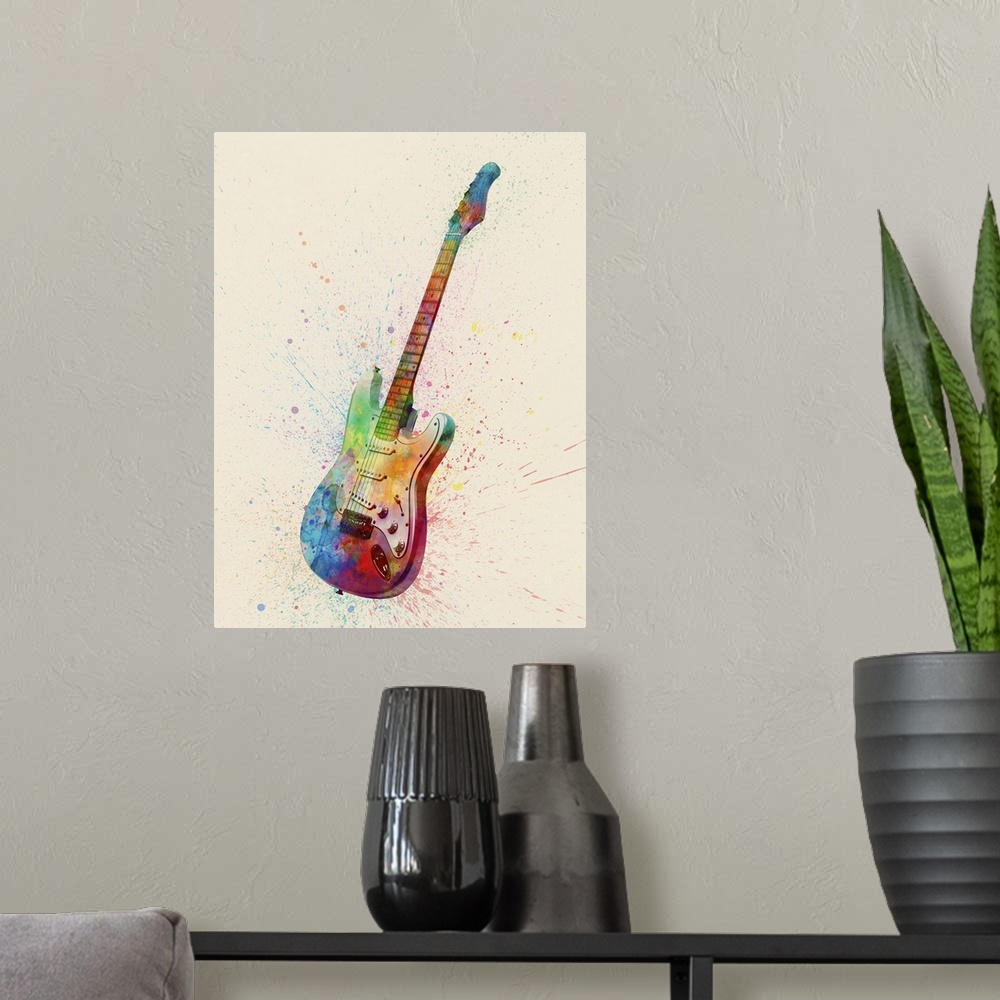 A modern room featuring Contemporary artwork of an electric guitar with bright colorful watercolor paint splatter all ove...