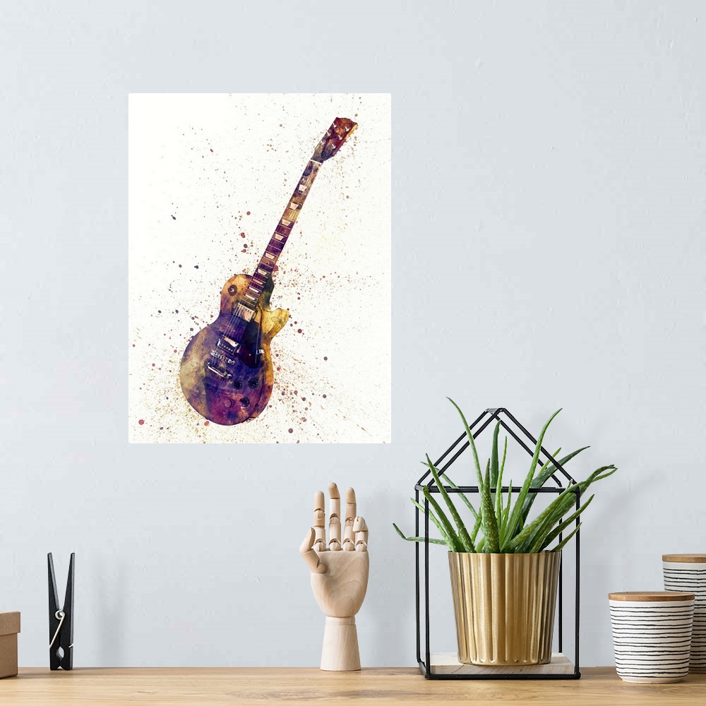 A bohemian room featuring Contemporary artwork of an electric guitar with bright colorful watercolor paint splatter all ove...