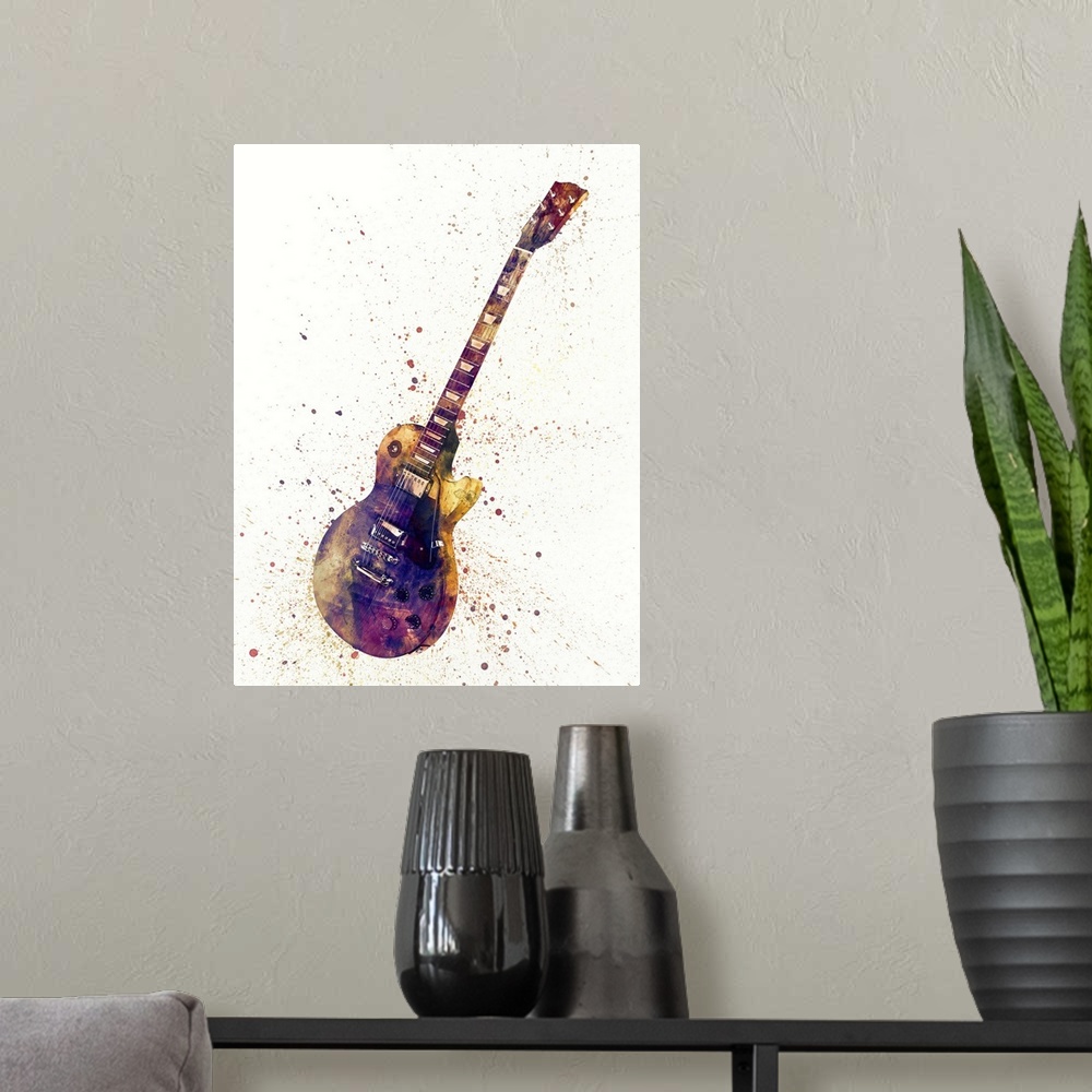 A modern room featuring Contemporary artwork of an electric guitar with bright colorful watercolor paint splatter all ove...