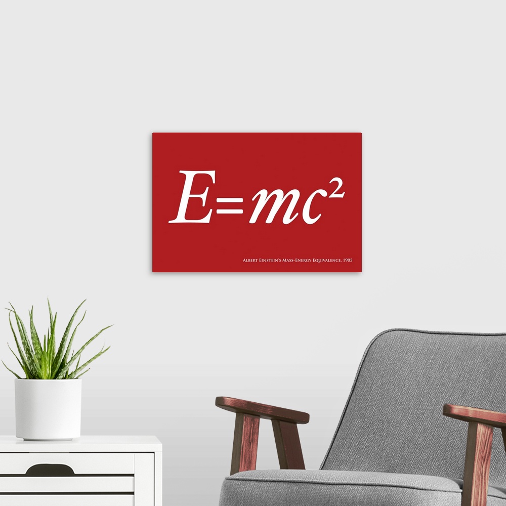 A modern room featuring E=mc2 in red
